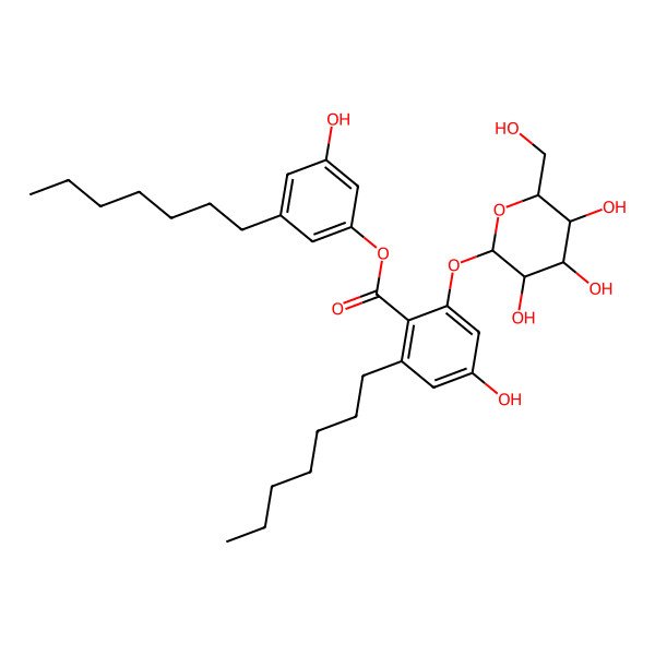 2D Structure of (3-Heptyl-5-hydroxyphenyl) 2-heptyl-4-hydroxy-6-[3,4,5-trihydroxy-6-(hydroxymethyl)oxan-2-yl]oxybenzoate