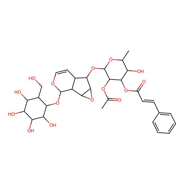 2D Structure of [5-Acetyloxy-3-hydroxy-2-methyl-6-[[10-[2,3,4,5-tetrahydroxy-6-(hydroxymethyl)cyclohexyl]oxy-3,9-dioxatricyclo[4.4.0.02,4]dec-7-en-5-yl]oxy]oxan-4-yl] 3-phenylprop-2-enoate