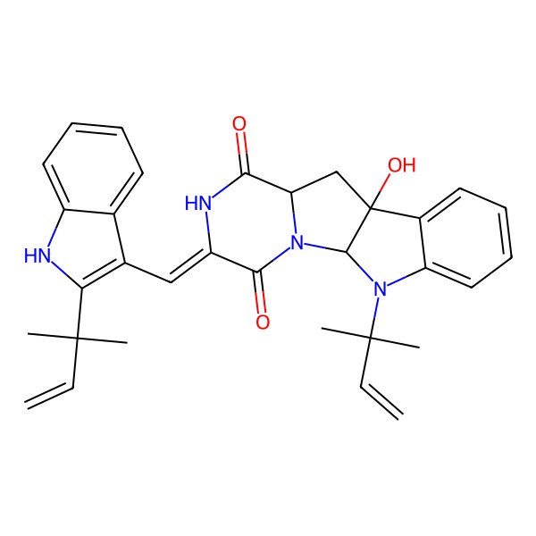 2D Structure of 9-hydroxy-16-(2-methylbut-3-en-2-yl)-4-[[2-(2-methylbut-3-en-2-yl)-1H-indol-3-yl]methylidene]-2,5,16-triazatetracyclo[7.7.0.02,7.010,15]hexadeca-10,12,14-triene-3,6-dione
