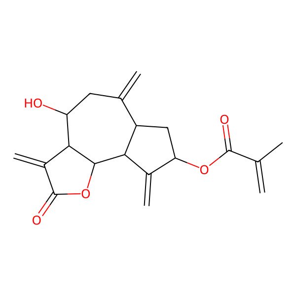 2D Structure of (4-Hydroxy-3,6,9-trimethylidene-2-oxo-3a,4,5,6a,7,8,9a,9b-octahydroazuleno[4,5-b]furan-8-yl) 2-methylprop-2-enoate