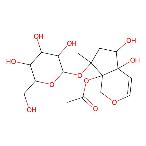 2D Structure of [(4aS,5S,7S,7aS)-4a,5-dihydroxy-7-methyl-7-[(2S,3R,4S,5S,6R)-3,4,5-trihydroxy-6-(hydroxymethyl)oxan-2-yl]oxy-5,6-dihydro-1H-cyclopenta[c]pyran-7a-yl] acetate