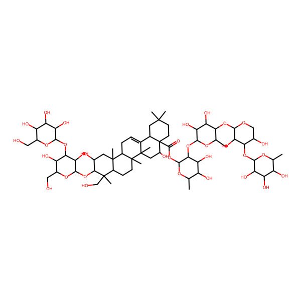 2D Structure of [(2S,3R,4S,5R,6R)-3-[(2S,3R,4S,5R,6S)-5-[(2S,3R,4S,5R)-3,5-dihydroxy-4-[(2S,3R,4R,5R,6S)-3,4,5-trihydroxy-6-methyloxan-2-yl]oxyoxan-2-yl]oxy-3,4-dihydroxy-6-methyloxan-2-yl]oxy-4,5-dihydroxy-6-methyloxan-2-yl] (4aR,5S,6aR,6aS,6bR,8aR,9R,10R,11S,12aR,14bS)-10-[(2R,3R,4S,5R,6R)-3,5-dihydroxy-6-(hydroxymethyl)-4-[(2S,3R,4S,5S,6R)-3,4,5-trihydroxy-6-(hydroxymethyl)oxan-2-yl]oxyoxan-2-yl]oxy-5,11-dihydroxy-9-(hydroxymethyl)-2,2,6a,6b,9,12a-hexamethyl-1,3,4,5,6,6a,7,8,8a,10,11,12,13,14b-tetradecahydropicene-4a-carboxylate