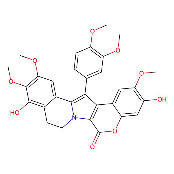 2D Structure of 12-(3,4-Dimethoxyphenyl)-7,18-dihydroxy-8,16,17-trimethoxy-4-oxa-1-azapentacyclo[11.8.0.02,11.05,10.014,19]henicosa-2(11),5,7,9,12,14,16,18-octaen-3-one
