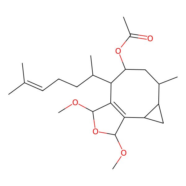 2D Structure of [(2S,4S,5R,7R,8S,10R,12S)-10,12-dimethoxy-5-methyl-8-[(2R)-6-methylhept-5-en-2-yl]-11-oxatricyclo[7.3.0.02,4]dodec-1(9)-en-7-yl] acetate