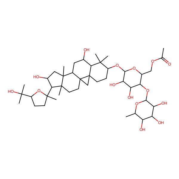 2D Structure of [(2R,3S,4R,5R,6R)-6-[[(1S,3R,6S,8R,9S,11S,12S,14S,15R,16R)-9,14-dihydroxy-15-[(2R,5S)-5-(2-hydroxypropan-2-yl)-2-methyloxolan-2-yl]-7,7,12,16-tetramethyl-6-pentacyclo[9.7.0.01,3.03,8.012,16]octadecanyl]oxy]-4,5-dihydroxy-3-[(2S,3R,4R,5R,6S)-3,4,5-trihydroxy-6-methyloxan-2-yl]oxyoxan-2-yl]methyl acetate