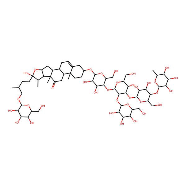 2D Structure of (1R,2S,4S,6S,7S,8R,9S,12S,13R,16S)-16-[(2R,3R,4R,5R,6R)-5-[(2S,3R,4S,5R,6R)-4-[(2S,3R,4R,5S,6R)-3,4-dihydroxy-6-(hydroxymethyl)-5-[(2S,3R,4R,5R,6S)-3,4,5-trihydroxy-6-methyloxan-2-yl]oxyoxan-2-yl]oxy-5-hydroxy-6-(hydroxymethyl)-3-[(2S,3R,4S,5S,6R)-3,4,5-trihydroxy-6-(hydroxymethyl)oxan-2-yl]oxyoxan-2-yl]oxy-3,4-dihydroxy-6-(hydroxymethyl)oxan-2-yl]oxy-6-hydroxy-7,9,13-trimethyl-6-[(3S)-3-methyl-4-[(2S,3R,4S,5S,6R)-3,4,5-trihydroxy-6-(hydroxymethyl)oxan-2-yl]oxybutyl]-5-oxapentacyclo[10.8.0.02,9.04,8.013,18]icos-18-en-10-one