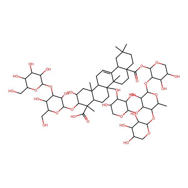 2D Structure of 8a-[4,5-Dihydroxy-3-[3-hydroxy-6-methyl-4,5-bis[(3,4,5-trihydroxyoxan-2-yl)oxy]oxan-2-yl]oxyoxan-2-yl]oxycarbonyl-3-[3,5-dihydroxy-6-(hydroxymethyl)-4-[3,4,5-trihydroxy-6-(hydroxymethyl)oxan-2-yl]oxyoxan-2-yl]oxy-2-hydroxy-4,6a,6b,11,11,14b-hexamethyl-1,2,3,4a,5,6,7,8,9,10,12,12a,14,14a-tetradecahydropicene-4-carboxylic acid