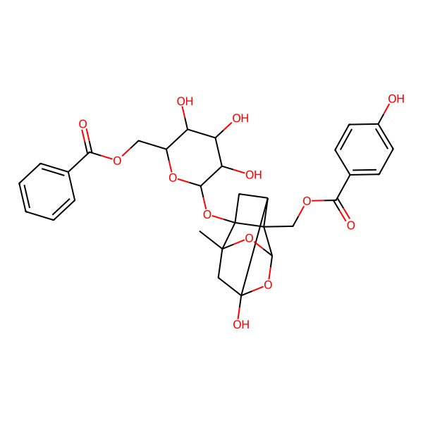 2D Structure of [3-[6-(Benzoyloxymethyl)-3,4,5-trihydroxyoxan-2-yl]oxy-6-hydroxy-8-methyl-9,10-dioxatetracyclo[4.3.1.02,5.03,8]decan-2-yl]methyl 4-hydroxybenzoate