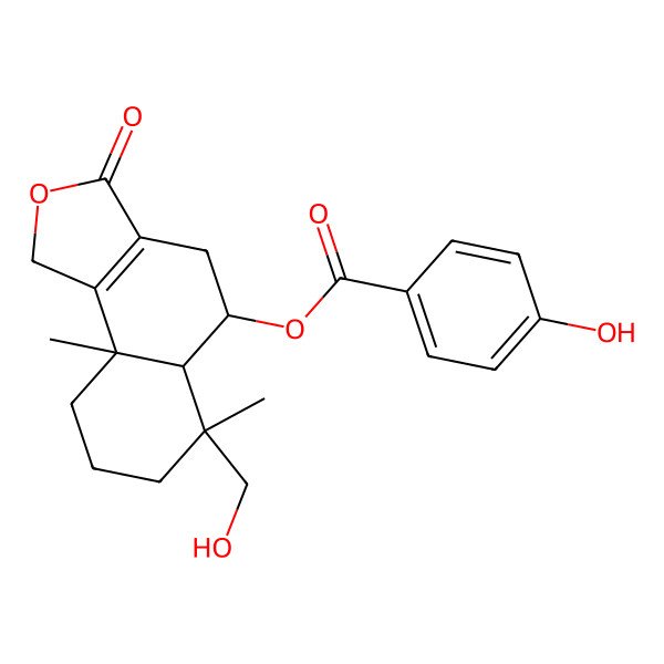 2D Structure of [6-(hydroxymethyl)-6,9a-dimethyl-3-oxo-4,5,5a,7,8,9-hexahydro-1H-benzo[e][2]benzofuran-5-yl] 4-hydroxybenzoate