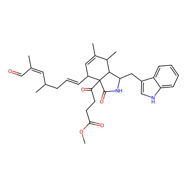 2D Structure of methyl 4-[4-(4,6-dimethyl-7-oxohepta-1,5-dienyl)-1-(1H-indol-3-ylmethyl)-6,7-dimethyl-3-oxo-2,4,7,7a-tetrahydro-1H-isoindol-3a-yl]-4-oxobutanoate