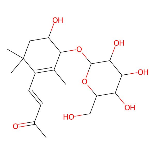 2D Structure of (E)-4-[(3S,4R)-4-hydroxy-2,6,6-trimethyl-3-[(2R,3R,4S,5R,6R)-3,4,5-trihydroxy-6-(hydroxymethyl)oxan-2-yl]oxycyclohexen-1-yl]but-3-en-2-one