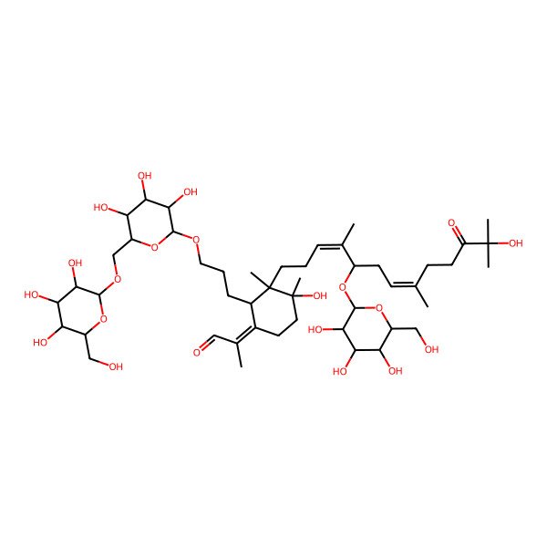 2D Structure of (2E)-2-[(2S,3R,4S)-4-hydroxy-3-[(3E,5R,7E)-12-hydroxy-4,8,12-trimethyl-11-oxo-5-[(2S,3S,4R,5R,6S)-3,4,5-trihydroxy-6-(hydroxymethyl)oxan-2-yl]oxytrideca-3,7-dienyl]-3,4-dimethyl-2-[3-[(2S,3S,4R,5R,6S)-3,4,5-trihydroxy-6-[[(2S,3S,4R,5R,6S)-3,4,5-trihydroxy-6-(hydroxymethyl)oxan-2-yl]oxymethyl]oxan-2-yl]oxypropyl]cyclohexylidene]propanal