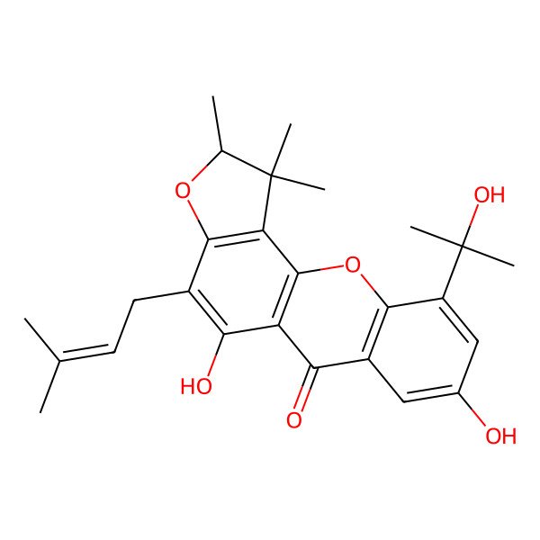 2D Structure of (2S)-5,8-dihydroxy-10-(2-hydroxypropan-2-yl)-1,1,2-trimethyl-4-(3-methylbut-2-enyl)-2H-furo[2,3-c]xanthen-6-one