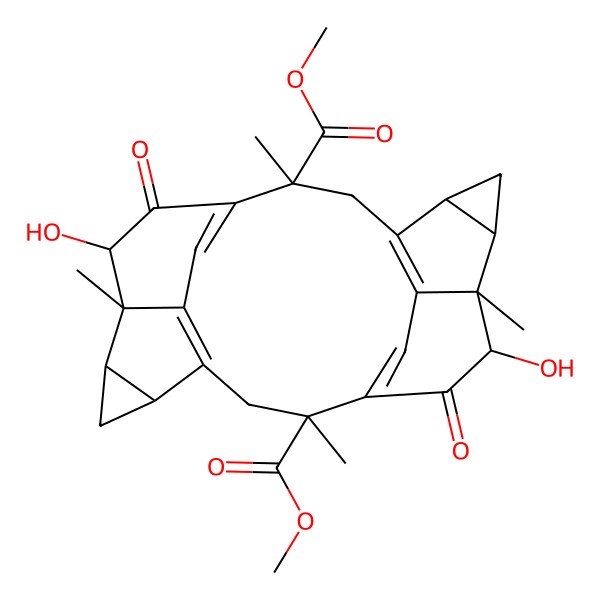 2D Structure of dimethyl (2S,5R,7S,8R,12S,15R,17S,18R,19S,24S)-19,24-dihydroxy-2,8,12,18-tetramethyl-20,23-dioxoheptacyclo[12.6.2.28,11.04,9.05,7.015,17.018,22]tetracosa-1(21),4(9),10,14(22)-tetraene-2,12-dicarboxylate