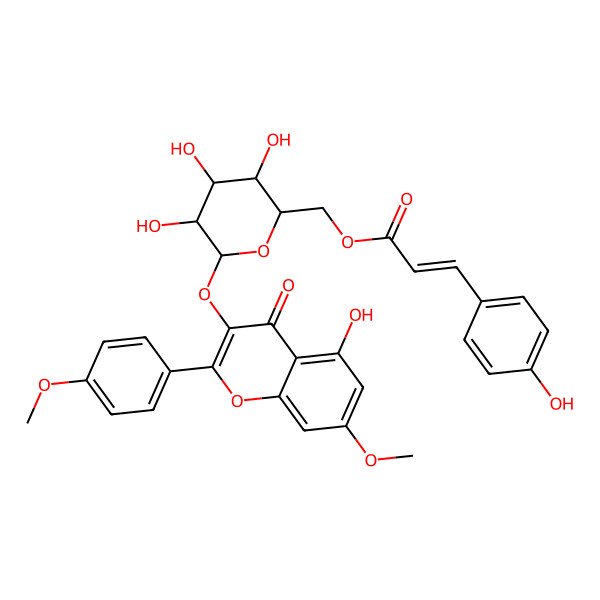 2D Structure of [3,4,5-Trihydroxy-6-[5-hydroxy-7-methoxy-2-(4-methoxyphenyl)-4-oxochromen-3-yl]oxyoxan-2-yl]methyl 3-(4-hydroxyphenyl)prop-2-enoate