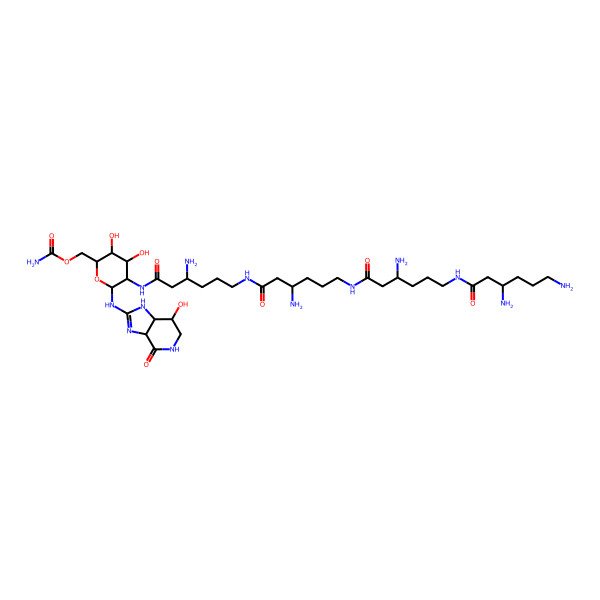 2D Structure of [(2R,3R,4S,5R)-5-[[3-amino-6-[[3-amino-6-[[3-amino-6-(3,6-diaminohexanoylamino)hexanoyl]amino]hexanoyl]amino]hexanoyl]amino]-3,4-dihydroxy-6-[(7-hydroxy-4-oxo-1,3a,5,6,7,7a-hexahydroimidazo[4,5-c]pyridin-2-yl)amino]oxan-2-yl]methyl carbamate