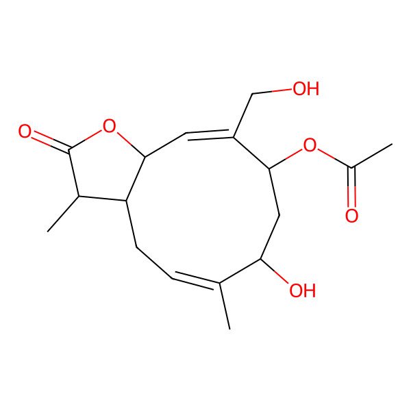 2D Structure of [(3R,3aS,7S,9S,11aR)-7-hydroxy-10-(hydroxymethyl)-3,6-dimethyl-2-oxo-3a,4,7,8,9,11a-hexahydro-3H-cyclodeca[b]furan-9-yl] acetate