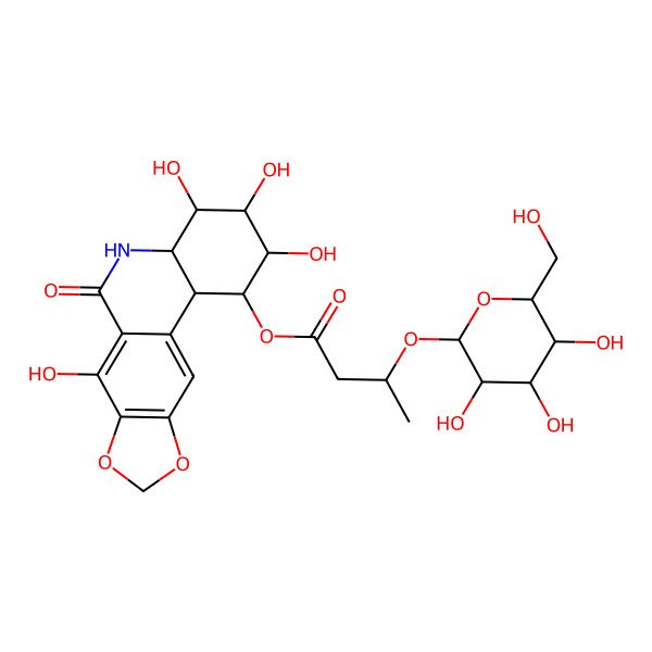 2D Structure of (2,3,4,7-tetrahydroxy-6-oxo-2,3,4,4a,5,11b-hexahydro-1H-[1,3]dioxolo[4,5-j]phenanthridin-1-yl) 3-[3,4,5-trihydroxy-6-(hydroxymethyl)oxan-2-yl]oxybutanoate