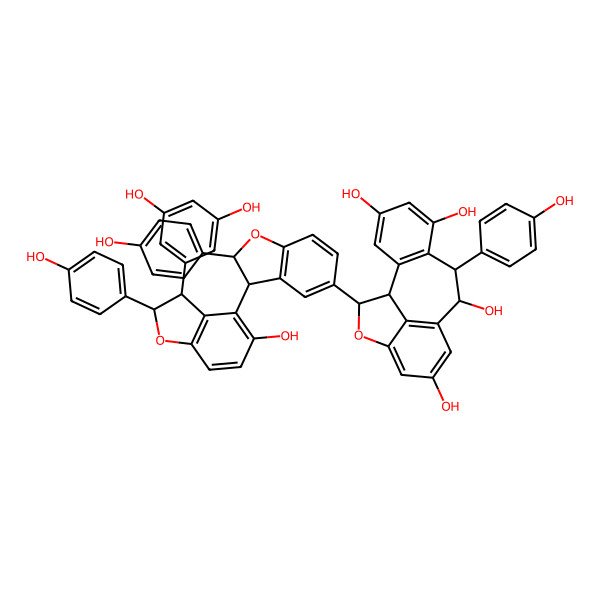 2D Structure of (1R,8R,9S,16R)-16-[(2R,3S)-3-[(2R,3R)-3-(3,5-dihydroxyphenyl)-5-hydroxy-2-(4-hydroxyphenyl)-2,3-dihydro-1-benzofuran-4-yl]-2-(4-hydroxyphenyl)-2,3-dihydro-1-benzofuran-5-yl]-8-(4-hydroxyphenyl)-15-oxatetracyclo[8.6.1.02,7.014,17]heptadeca-2(7),3,5,10(17),11,13-hexaene-4,6,9,12-tetrol