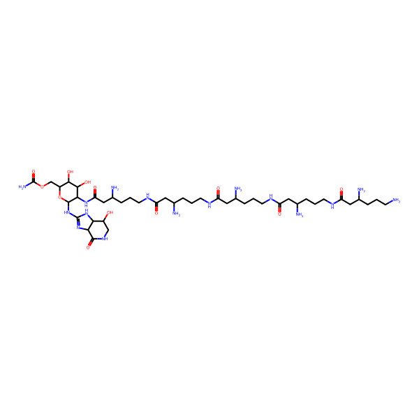 2D Structure of [(2R,3R,4S,5R,6R)-6-[[(3aS,7R,7aS)-7-hydroxy-4-oxo-1,3a,5,6,7,7a-hexahydroimidazo[4,5-c]pyridin-2-yl]amino]-5-[[(3S)-3-amino-6-[[(3S)-3-amino-6-[[(3S)-3-amino-6-[[(3S)-3-amino-6-[[(3S)-3,6-diaminohexanoyl]amino]hexanoyl]amino]hexanoyl]amino]hexanoyl]amino]hexanoyl]amino]-3,4-dihydroxyoxan-2-yl]methyl carbamate