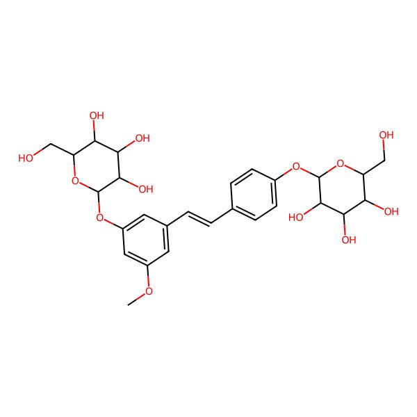 2D Structure of (2R,3S,4S,5R,6S)-2-(hydroxymethyl)-6-[4-[(E)-2-[3-methoxy-5-[(2S,3R,4S,5S,6R)-3,4,5-trihydroxy-6-(hydroxymethyl)oxan-2-yl]oxyphenyl]ethenyl]phenoxy]oxane-3,4,5-triol
