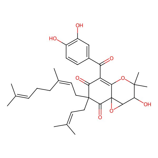 2D Structure of 5-(3,4-Dihydroxybenzoyl)-7-(3,7-dimethylocta-2,6-dienyl)-2-hydroxy-3,3-dimethyl-7-(3-methylbut-2-enyl)-1a,2-dihydrooxireno[2,3-d]chromene-6,8-dione
