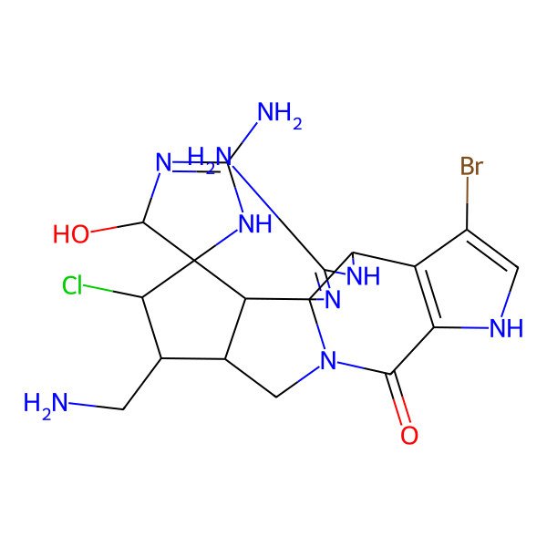 2D Structure of (1'S,4R,5S,5'R,14'S,15'R,16'S,18'R)-2,3'-diamino-15'-(aminomethyl)-7'-bromo-16'-chloro-4-hydroxyspiro[1,4-dihydroimidazole-5,17'-2,4,9,12-tetrazapentacyclo[10.6.0.01,5.06,10.014,18]octadeca-2,6(10),7-triene]-11'-one