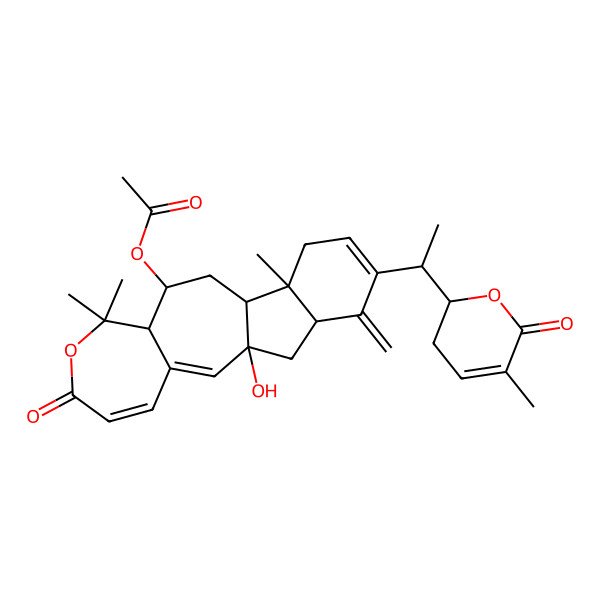 2D Structure of [1-Hydroxy-8,8,13-trimethyl-17-methylidene-16-[1-(5-methyl-6-oxo-2,3-dihydropyran-2-yl)ethyl]-6-oxo-7-oxatetracyclo[10.7.0.03,9.013,18]nonadeca-2,4,15-trien-10-yl] acetate