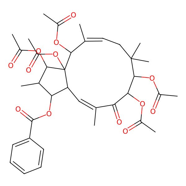 2D Structure of [(1S,2R,3S,3aS,4R,5E,9R,10R,12Z,13aS)-3,3a,4,9,10-pentaacetyloxy-2,5,8,8,12-pentamethyl-11-oxo-1,2,3,4,7,9,10,13a-octahydrocyclopenta[12]annulen-1-yl] benzoate