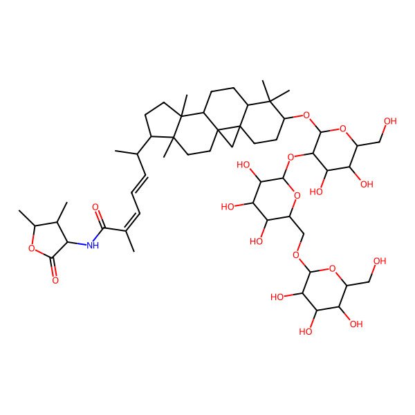 2D Structure of (2E,4E,6R)-6-[(1S,3R,6S,8R,11S,12S,15R,16R)-6-[(2R,3R,4S,5S,6R)-4,5-dihydroxy-6-(hydroxymethyl)-3-[(2S,3R,4S,5S,6R)-3,4,5-trihydroxy-6-[[(2R,3R,4S,5S,6R)-3,4,5-trihydroxy-6-(hydroxymethyl)oxan-2-yl]oxymethyl]oxan-2-yl]oxyoxan-2-yl]oxy-7,7,12,16-tetramethyl-15-pentacyclo[9.7.0.01,3.03,8.012,16]octadecanyl]-N-(4,5-dimethyl-2-oxooxolan-3-yl)-2-methylhepta-2,4-dienamide