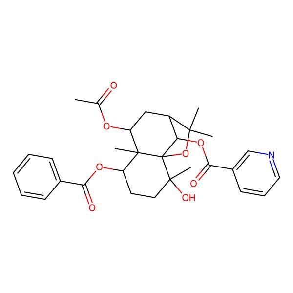 2D Structure of [(1S,2S,5S,6S,7S,9R,12R)-7-acetyloxy-5-benzoyloxy-2-hydroxy-2,6,10,10-tetramethyl-11-oxatricyclo[7.2.1.01,6]dodecan-12-yl] pyridine-3-carboxylate