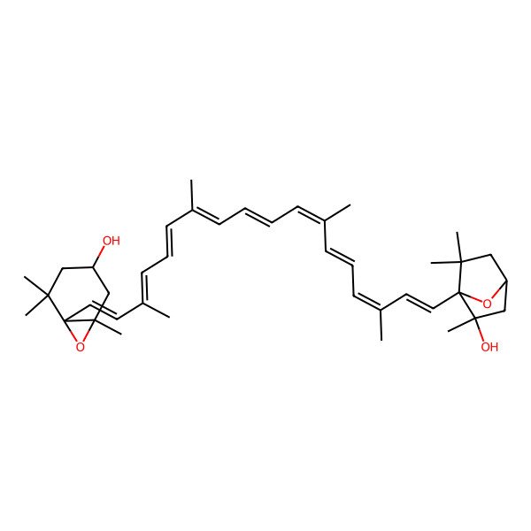 2D Structure of (1R,3S,6S)-6-[(1E,3E,5E,7E,9E,11E,13E,15E,17E)-18-[(1S,2R,4R)-2-hydroxy-2,6,6-trimethyl-7-oxabicyclo[2.2.1]heptan-1-yl]-3,7,12,16-tetramethyloctadeca-1,3,5,7,9,11,13,15,17-nonaenyl]-1,5,5-trimethyl-7-oxabicyclo[4.1.0]heptan-3-ol