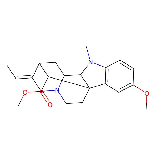 2D Structure of methyl (1R,9R,10S,12R,13E,18R)-13-ethylidene-4-methoxy-8-methyl-8,15-diazapentacyclo[10.5.1.01,9.02,7.010,15]octadeca-2(7),3,5-triene-18-carboxylate