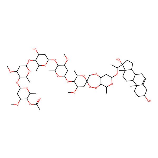 2D Structure of [6-[6-[6-[6-[7-[1-(3,17-Dihydroxy-10,13-dimethyl-1,2,3,4,7,8,9,11,12,14,15,16-dodecahydrocyclopenta[a]phenanthren-17-yl)ethoxy]-4'-methoxy-2',9-dimethylspiro[4,5a,6,7,9,9a-hexahydropyrano[3,4-c][1,2,5]trioxepine-3,6'-oxane]-3'-yl]oxy-4-methoxy-2-methyloxan-3-yl]oxy-4-hydroxy-2-methyloxan-3-yl]oxy-4-methoxy-2-methyloxan-3-yl]oxy-4-methoxy-2-methyloxan-3-yl] acetate