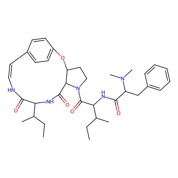 2D Structure of N-[1-(10-butan-2-yl-8,11-dioxo-2-oxa-6,9,12-triazatricyclo[13.2.2.03,7]nonadeca-1(17),13,15,18-tetraen-6-yl)-3-methyl-1-oxopentan-2-yl]-2-(dimethylamino)-3-phenylpropanamide