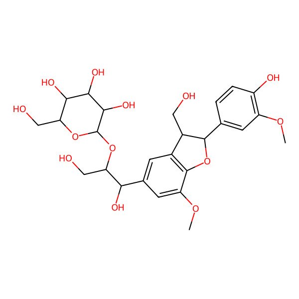 2D Structure of (2R,3R,4S,5S,6R)-2-[(1R,2S)-1,3-dihydroxy-1-[(2S,3R)-2-(4-hydroxy-3-methoxyphenyl)-3-(hydroxymethyl)-7-methoxy-2,3-dihydro-1-benzofuran-5-yl]propan-2-yl]oxy-6-(hydroxymethyl)oxane-3,4,5-triol