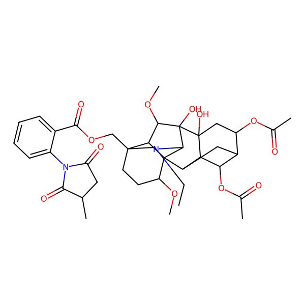 2D Structure of [(1R,2R,3R,4S,5R,6S,8R,9R,10R,13S,16S,18S)-4,6-diacetyloxy-11-ethyl-8,9-dihydroxy-16,18-dimethoxy-11-azahexacyclo[7.7.2.12,5.01,10.03,8.013,17]nonadecan-13-yl]methyl 2-[(3S)-3-methyl-2,5-dioxopyrrolidin-1-yl]benzoate