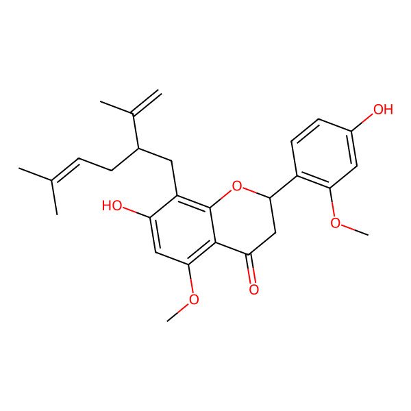2D Structure of (2R)-7-hydroxy-2-(4-hydroxy-2-methoxyphenyl)-5-methoxy-8-[(2S)-5-methyl-2-prop-1-en-2-ylhex-4-enyl]-2,3-dihydrochromen-4-one