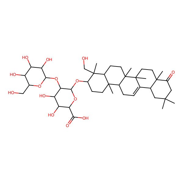 2D Structure of (2S,3S,4S,5R,6R)-6-[[(3S,4S,4aR,6aR,6bS,8aR,12aS,14aR,14bR)-4-(hydroxymethyl)-4,6a,6b,8a,11,11,14b-heptamethyl-9-oxo-2,3,4a,5,6,7,8,10,12,12a,14,14a-dodecahydro-1H-picen-3-yl]oxy]-3,4-dihydroxy-5-[(2S,3R,4S,5R,6R)-3,4,5-trihydroxy-6-(hydroxymethyl)oxan-2-yl]oxyoxane-2-carboxylic acid