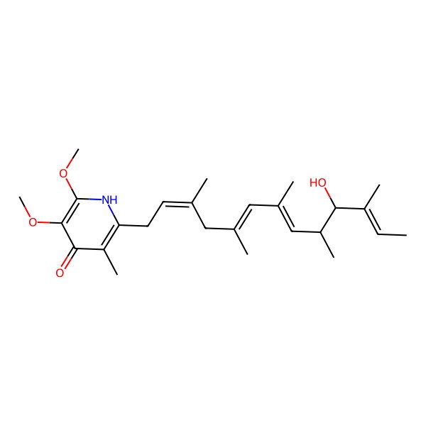2D Structure of 2-(10-hydroxy-3,5,7,9,11-pentamethyltrideca-2,5,7,11-tetraenyl)-5,6-dimethoxy-3-methyl-1H-pyridin-4-one
