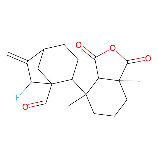 2D Structure of (1R,2S,5R,7S)-2-[(3aS,4S,7aR)-4,7a-dimethyl-1,3-dioxo-3a,5,6,7-tetrahydro-2-benzofuran-4-yl]-7-fluoro-6-methylidenebicyclo[3.2.1]octane-1-carbaldehyde