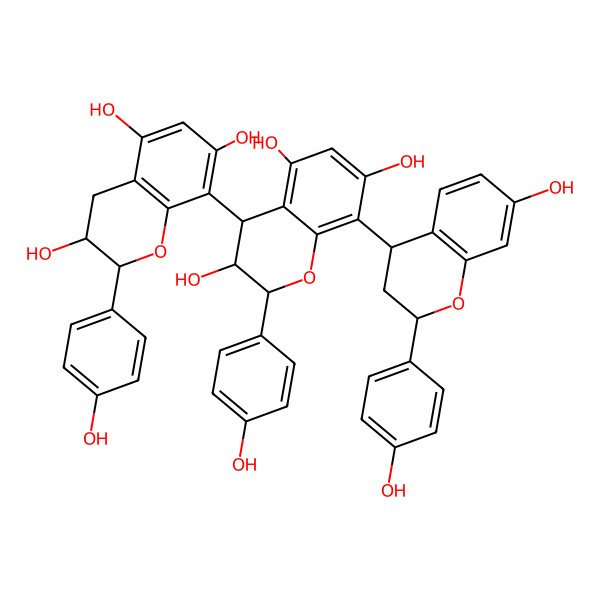 2D Structure of 8-[7-hydroxy-2-(4-hydroxyphenyl)-3,4-dihydro-2H-chromen-4-yl]-2-(4-hydroxyphenyl)-4-[3,5,7-trihydroxy-2-(4-hydroxyphenyl)-3,4-dihydro-2H-chromen-8-yl]-3,4-dihydro-2H-chromene-3,5,7-triol