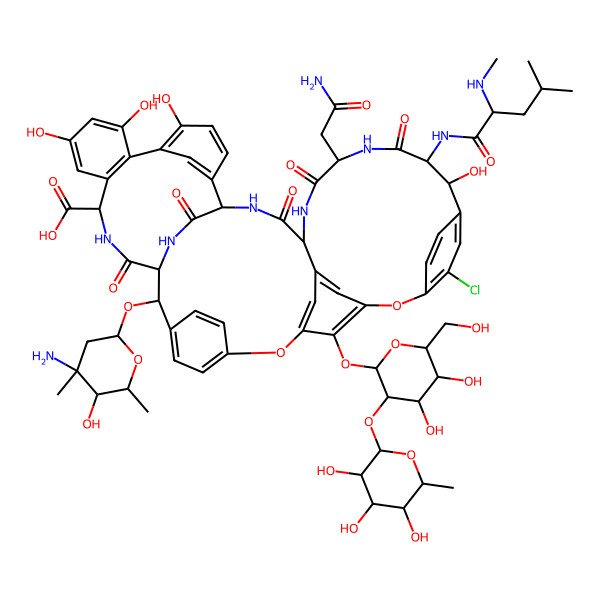 2D Structure of (1R,2R,18S,19S,22S,25R,28S,40S)-2-[(2R,4S,5R,6S)-4-amino-5-hydroxy-4,6-dimethyloxan-2-yl]oxy-22-(2-amino-2-oxoethyl)-15-chloro-48-[(2S,3S,4S,5R,6R)-4,5-dihydroxy-6-(hydroxymethyl)-3-[(3R,4S,5S,6R)-3,4,5-trihydroxy-6-methyloxan-2-yl]oxyoxan-2-yl]oxy-18,32,35,37-tetrahydroxy-19-[[(2R)-4-methyl-2-(methylamino)pentanoyl]amino]-20,23,26,42,44-pentaoxo-7,13-dioxa-21,24,27,41,43-pentazaoctacyclo[26.14.2.23,6.214,17.18,12.129,33.010,25.034,39]pentaconta-3(50),4,6(49),8(48),9,11,14,16,29(45),30,32,34(39),35,37,46-pentadecaene-40-carboxylic acid