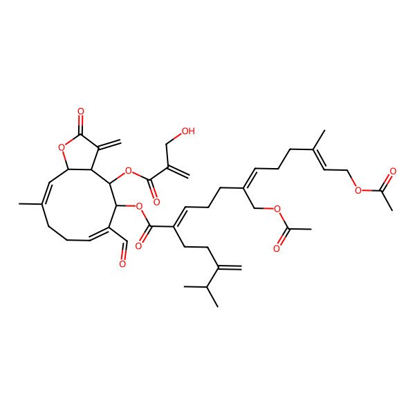 2D Structure of [6-Formyl-4-[2-(hydroxymethyl)prop-2-enoyloxy]-10-methyl-3-methylidene-2-oxo-3a,4,5,8,9,11a-hexahydrocyclodeca[b]furan-5-yl] 12-acetyloxy-6-(acetyloxymethyl)-10-methyl-2-(4-methyl-3-methylidenepentyl)dodeca-2,6,10-trienoate