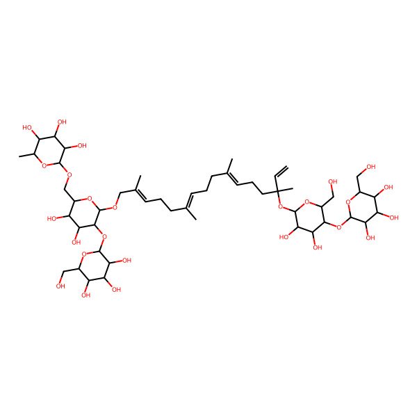 2D Structure of (2R,3R,4R,5R,6S)-2-[[(2R,3S,4S,5R,6R)-6-[(2Z,6E,10E,14S)-14-[(2S,3R,4R,5S,6R)-3,4-dihydroxy-6-(hydroxymethyl)-5-[(2S,3R,4S,5S,6R)-3,4,5-trihydroxy-6-(hydroxymethyl)oxan-2-yl]oxyoxan-2-yl]oxy-2,6,10,14-tetramethylhexadeca-2,6,10,15-tetraenoxy]-3,4-dihydroxy-5-[(2S,3R,4S,5S,6R)-3,4,5-trihydroxy-6-(hydroxymethyl)oxan-2-yl]oxyoxan-2-yl]methoxy]-6-methyloxane-3,4,5-triol