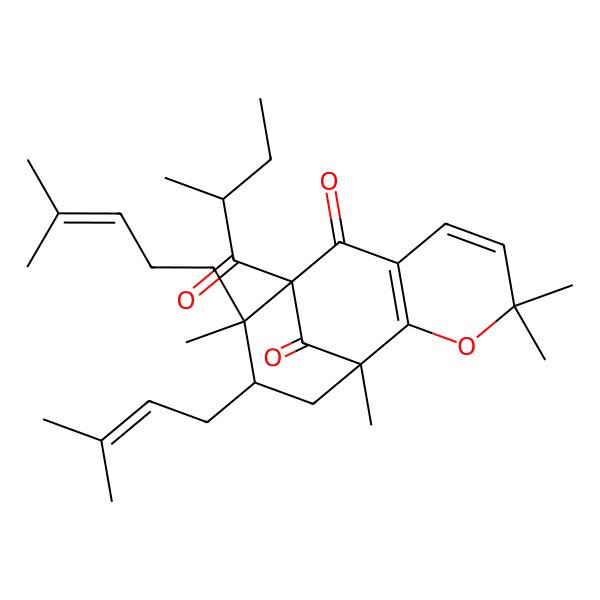 2D Structure of (1S,9S,10S,11R)-1,4,4,10-tetramethyl-9-(2-methylbutanoyl)-11-(3-methylbut-2-enyl)-10-(4-methylpent-3-enyl)-3-oxatricyclo[7.3.1.02,7]trideca-2(7),5-diene-8,13-dione