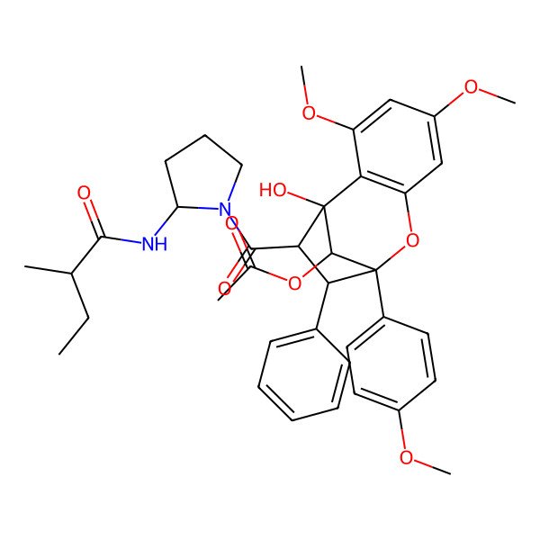2D Structure of [(1R,9R,10R,11S,12R)-1-hydroxy-3,5-dimethoxy-9-(4-methoxyphenyl)-11-[(2S)-2-[[(2R)-2-methylbutanoyl]amino]pyrrolidine-1-carbonyl]-10-phenyl-8-oxatricyclo[7.2.1.02,7]dodeca-2(7),3,5-trien-12-yl] acetate