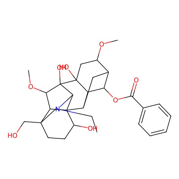 2D Structure of [(1S,2R,3R,4S,5R,6S,8R,9S,10S,13S,16S,17R,18S)-11-ethyl-8,9,16-trihydroxy-13-(hydroxymethyl)-6,18-dimethoxy-11-azahexacyclo[7.7.2.12,5.01,10.03,8.013,17]nonadecan-4-yl] benzoate