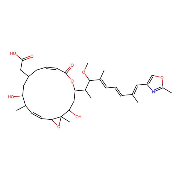 2D Structure of 2-[2,12-Dihydroxy-4-[3-methoxy-4,8-dimethyl-9-(2-methyl-1,3-oxazol-4-yl)nona-4,6,8-trien-2-yl]-1,13-dimethyl-6-oxo-5,17-dioxabicyclo[14.1.0]heptadeca-7,14-dien-10-yl]acetic acid