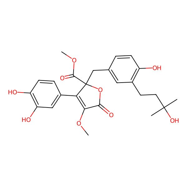 2D Structure of Methyl 3-(3,4-dihydroxyphenyl)-2-[[4-hydroxy-3-(3-hydroxy-3-methylbutyl)phenyl]methyl]-4-methoxy-5-oxofuran-2-carboxylate